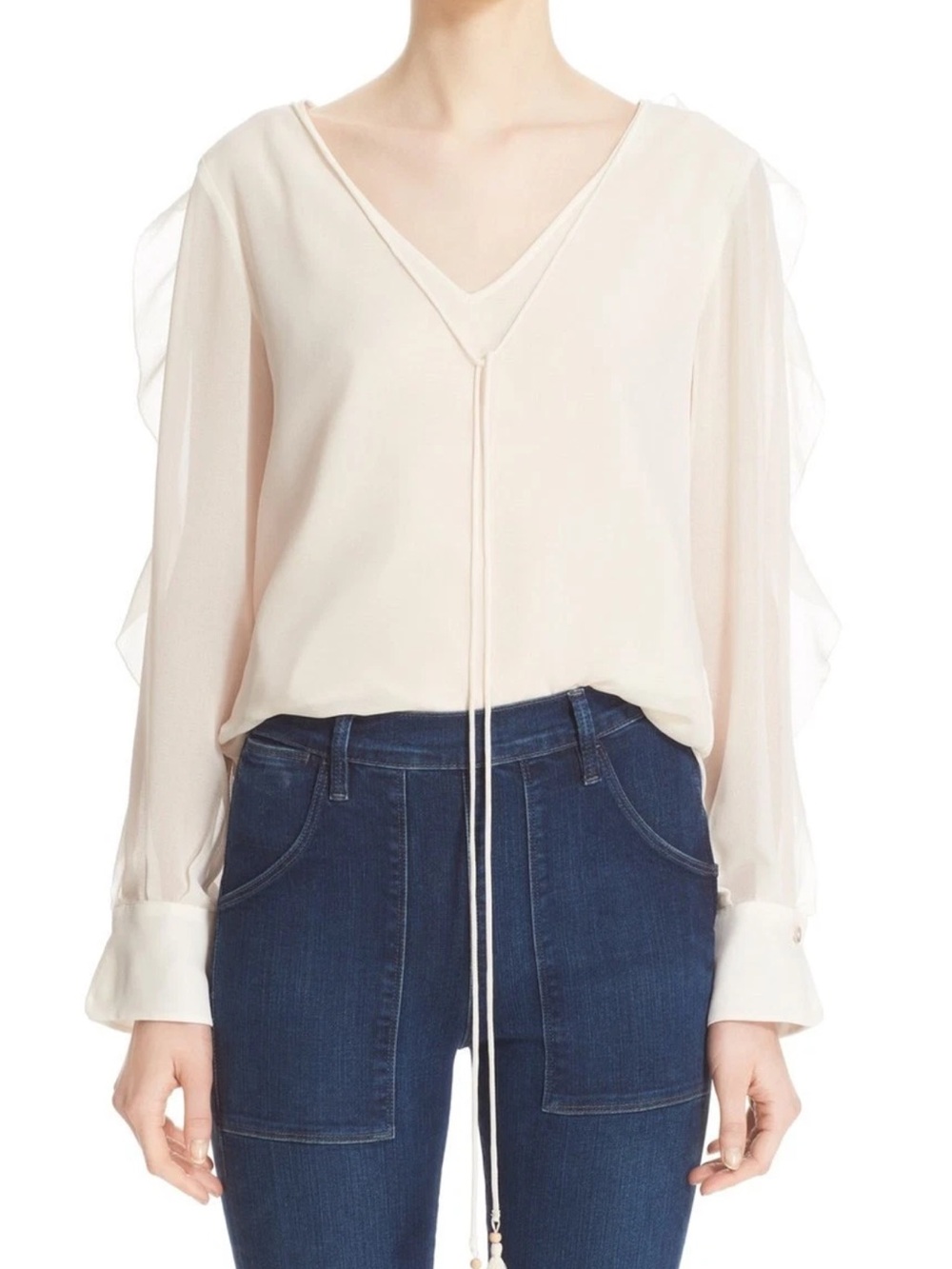 See By Chloé Cream V-Neck Tie-Front Chiffon Blouse